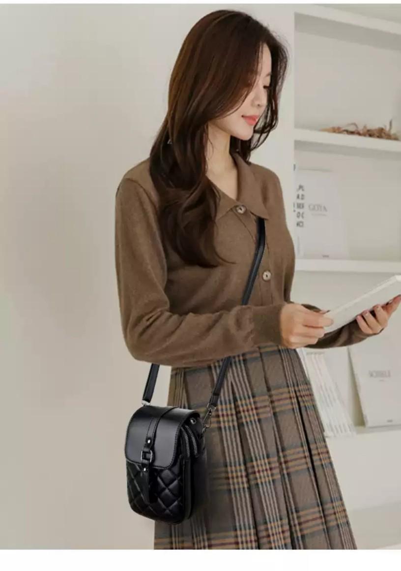 MANONI SHOP - TAS SELEMPANG WANITA MODEL KOREA DESAIN TAS KECIL MINI SLINGBAG TAS HP WANITA BAHAN KUALITAS IMPORT MOTIF JAHIT Kulit PU BISA COD Kanvas Hitam
