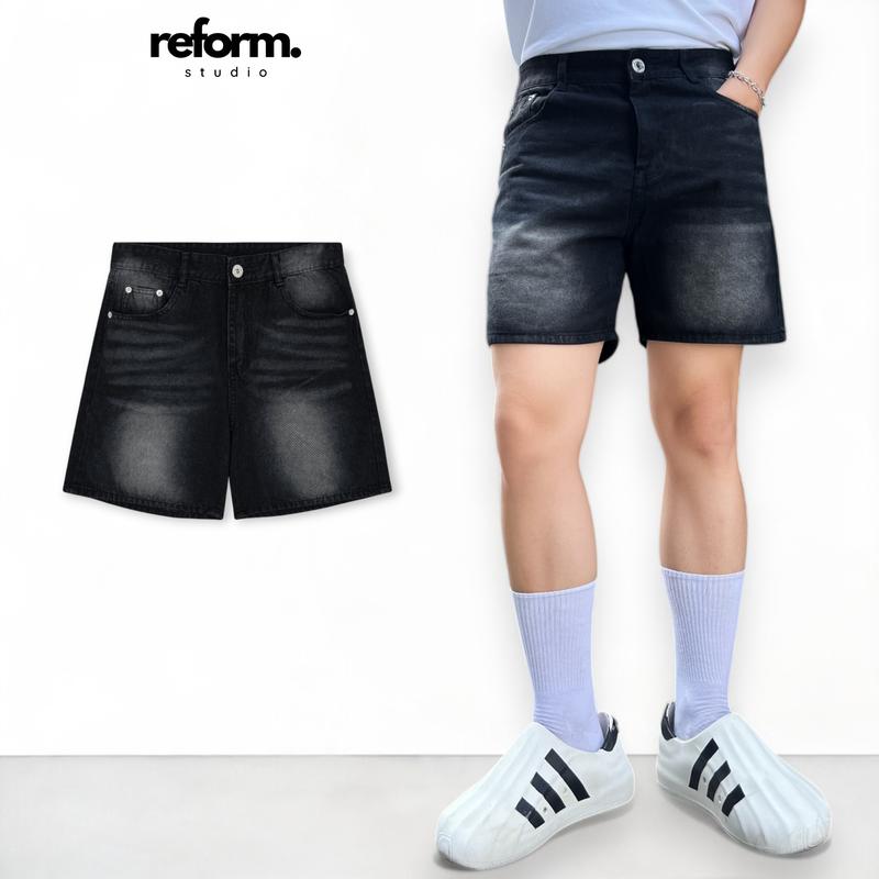 Quần Jean Short Nam, Quần Đùi Ngắn Trên Gối Black Wash Reform RF-F7 Menswear Pants Có Túi Đen