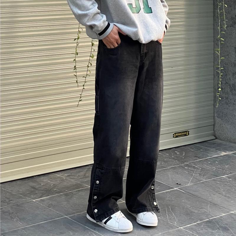 Quần Jean Cúc Bấm Nam Nữ Ống Rộng Cạp Cao Menswear Denim Ong Pants Có Túi - [131] 5