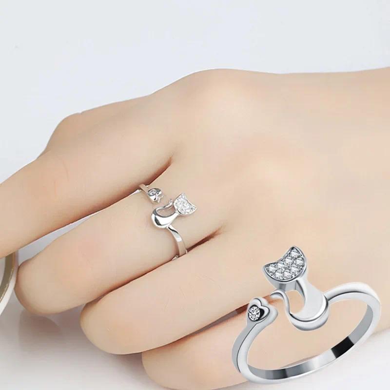 Cute Animal Cat Ring for Women Girls Charm Crystal Zirconia Crystal Inlaid Animal Adjustable Open Rings Party Gifts Jewelry 2