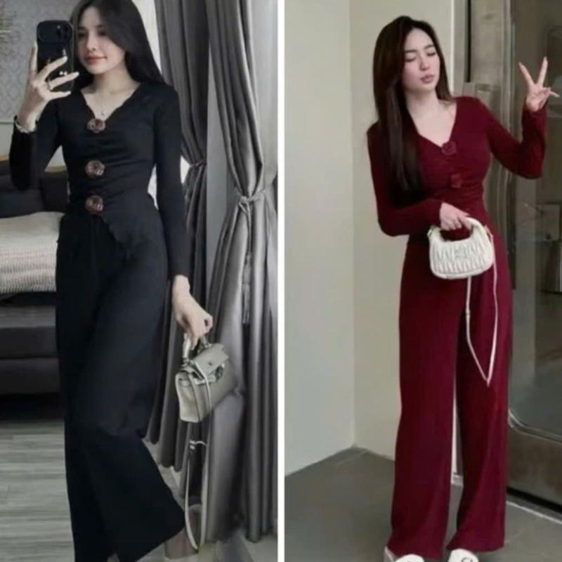  Đồ bộ nữ quần ống rộng bigsize áo dài tay cài hoa đồ mặc nhà nữ quần dài LIMO Set bộ đẹp sang chảnh MS304 Top Women Ong Quần Ngủ 