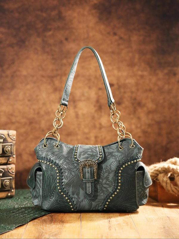 Fashion Vintage Floral Embossed Buckle Decorated Square Bag,  Casual Shoulder Bag for Women, All-match Handbag for Daily Used 5