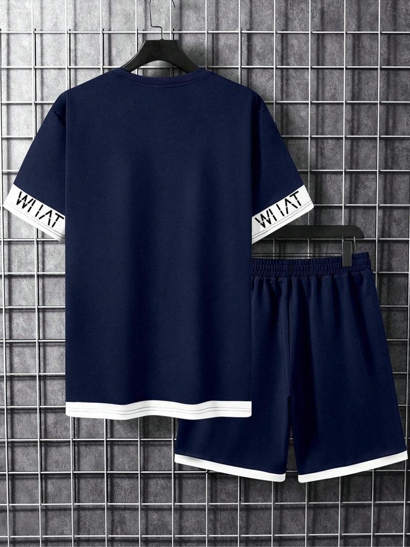 Product Introduction of Plus Size Men's Letter Print Tee & Shorts Set, Crew Neck Short Sleeve T-Shirt & Shorts PJ Set, Casual Comfy Men's Sleepwear & Loungewear Set for Summer 3