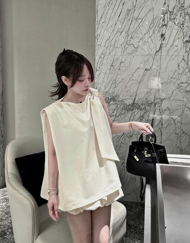 Set Áo Buộc Nơ Kèm Váy Bồng Cao Cấp - LIING Nữ Women Kem 1