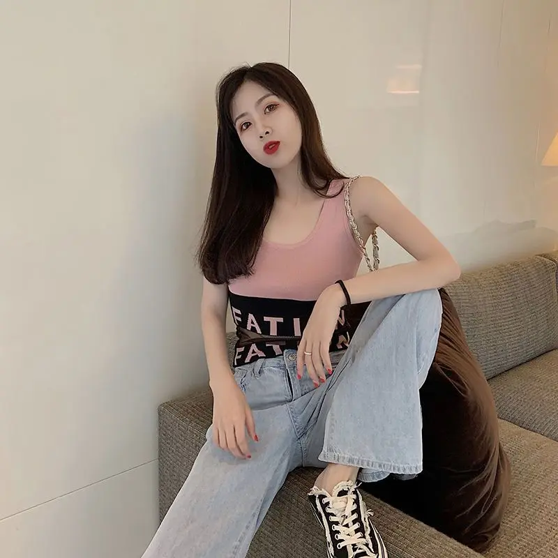 Áo Yếm Dệt Kim, Cropped Xén, Có Khâu Lưới Và Chữ Cái, Dễ Phối Đồ Ngắn, Dành Cho Nữ, Có Thể Mặc Ngoài Trời, Bó Sát, Áo Không Tay Tập Thể Dục, Thích Hợp Cho Mùa Hè Top Women Màu Đen áo  2  dây  hello  kitty  ôm 5