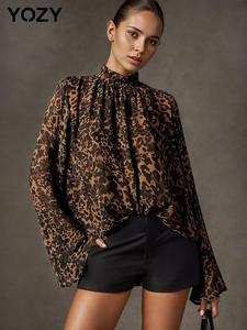 YOZY Women's Leopard Print Flounce Sleeve Mock Neck Blouse, Trendy Casual Long Sleeve Top for Spring & Fall, Women's Clothes for Daily Wear