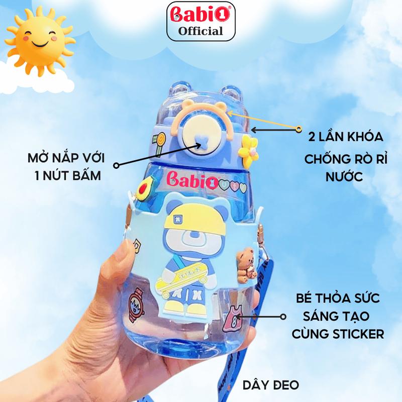 Bình Nước Cho Bé Babi1 Bình Uống Nước 600ml Cho Bé Đi Học Có Quai Đeo Tặng Kèm Sticker Dễ Thương 1