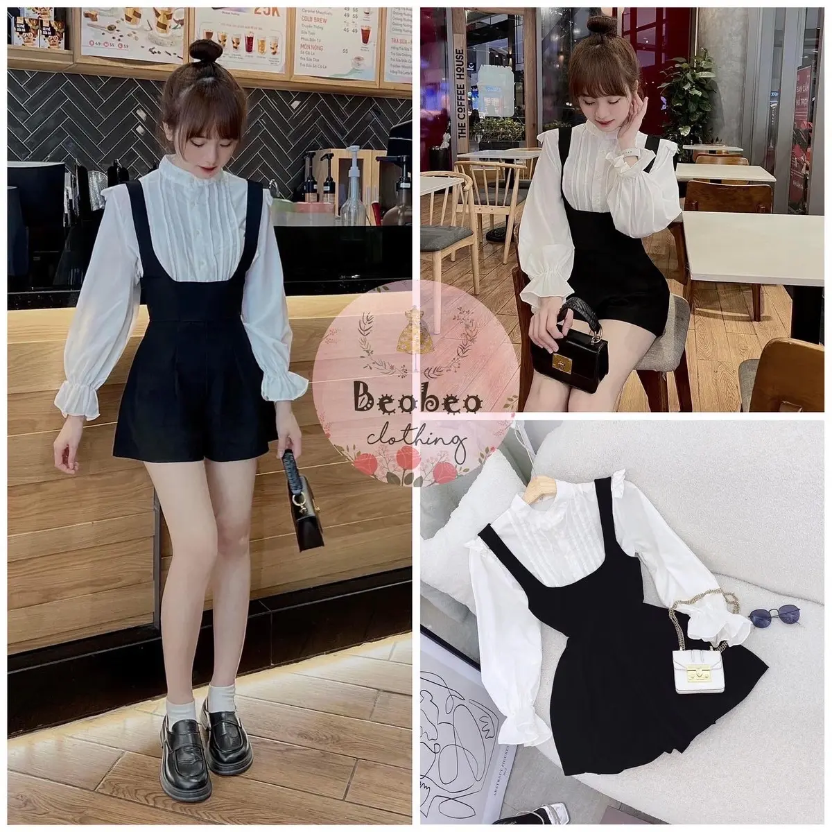 Set áo sơ mi tay phồng kèm yếm quần ulzzang