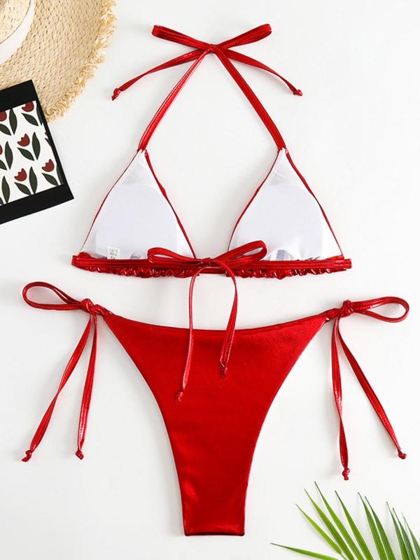Two-Piece Set Women's Tie Back Halter Bikini Swimsuit, Glitter Fabric Triangle Bra & Tie Side Panty Swimwear for Beach Party Vacation, Women's Swimsuit Sets for Summer, Bathing Suits Bikini Set 2024 for Women 3
