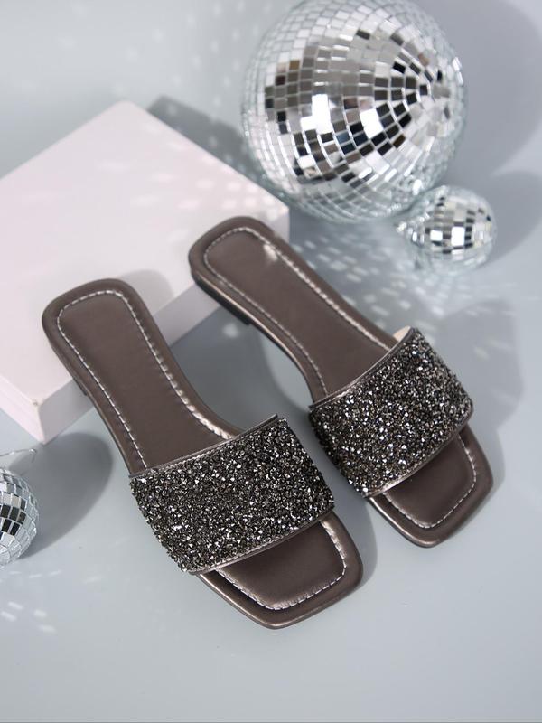 Women's Simple Plain Glitter Rhinestone Decorated Slide Sandals, Casual Comfortable Flat Sandals, Fashionable Sandals for Summer Beach Wear 3