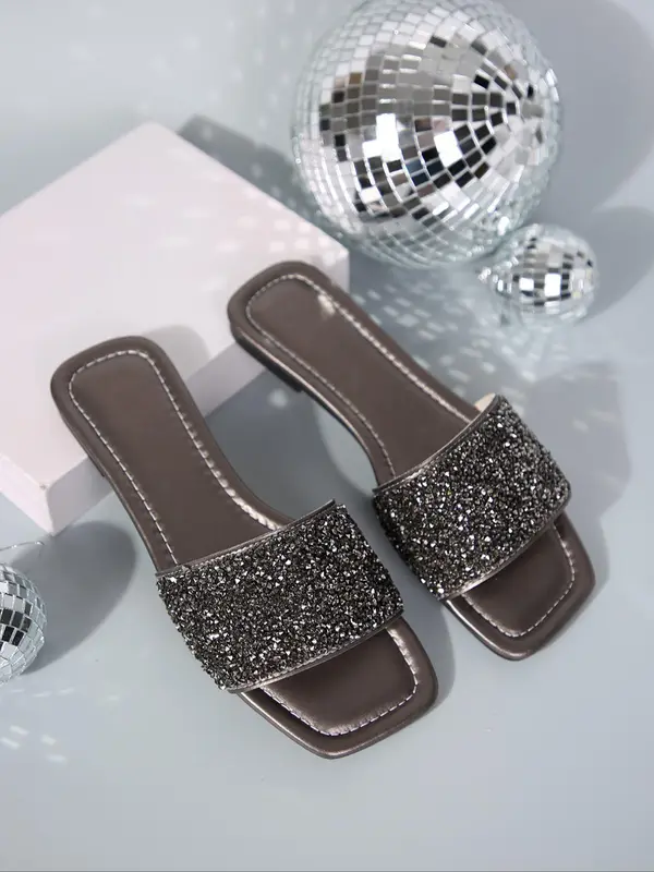 Women's Simple Plain Glitter Rhinestone Decorated Slide Sandals, Casual Comfortable Flat Sandals, Fashionable Sandals for Summer Beach Wear 3