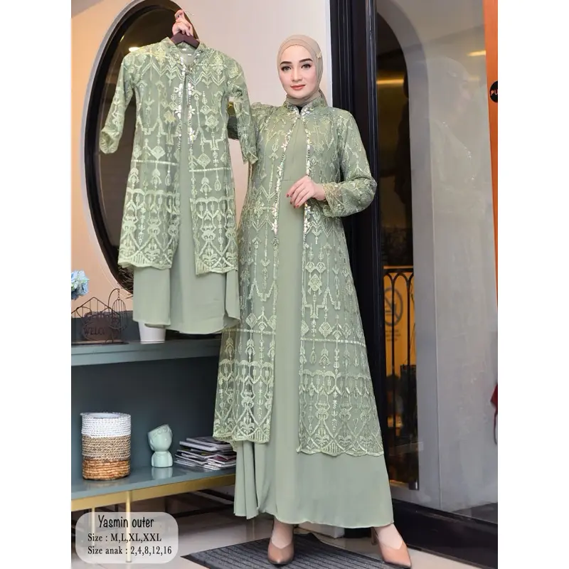 AKS> Gamis Yasmin Outher Lepas Pasang / Gamis Busui Friendly / Gamis Outher Couple Ibu dan Anak / Gamis Modern Couple / Gamis Kekinian /  Couple / Gamis Anak / Gamis Dewasa / Premium Muslim/ Baju Panjang Kondangan Pesta Lebaran / Kombinasi Payet 4