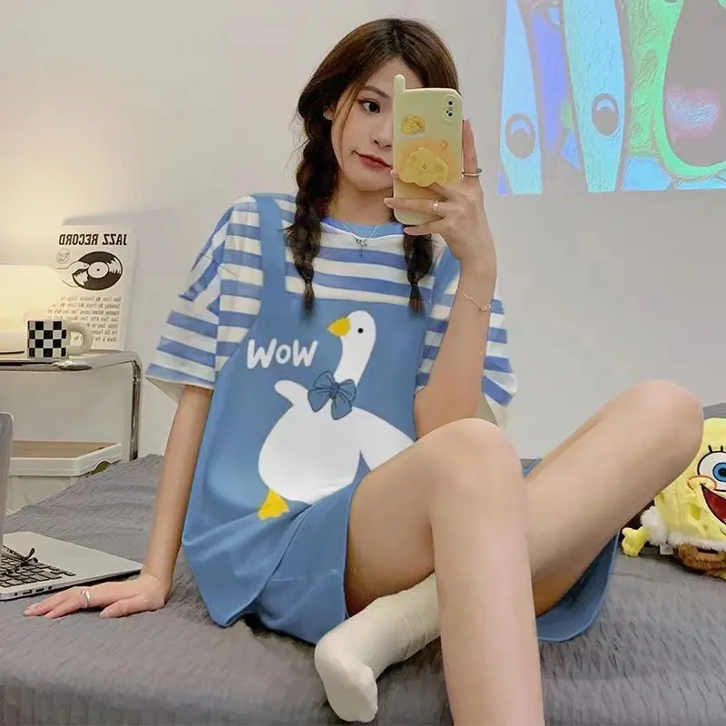 Bộ Đồ Ngủ Pijama Mùa Hè, Phong Cách Ngọt Ngào, Thiết Kế Hình Chim Cút Trắng Nhỏ Cổ Tròn Hoạt Hình, ngắn Tay, Dành Cho Nữ, Cô Gái Dễ Thương, Có Thể Mặc Ngoài Đồ Mặc Nhà Đồ Mặc Nhà Women Quần Ngủ Áo Ngủ Áo