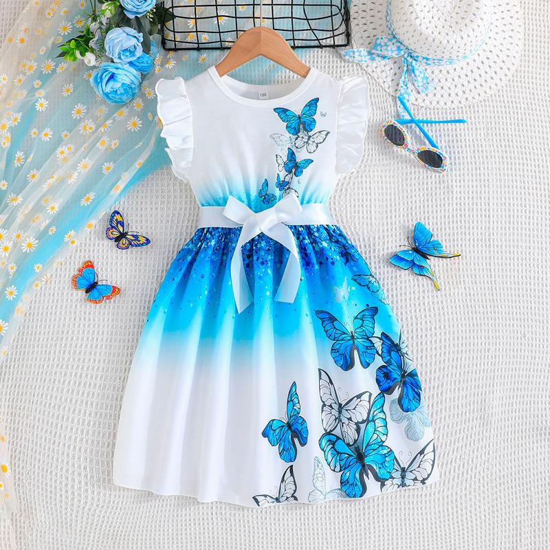 Summer Arrival Animals and Flowers Cartoon Pattern Fly Sleeves Dress for Stylish Girls