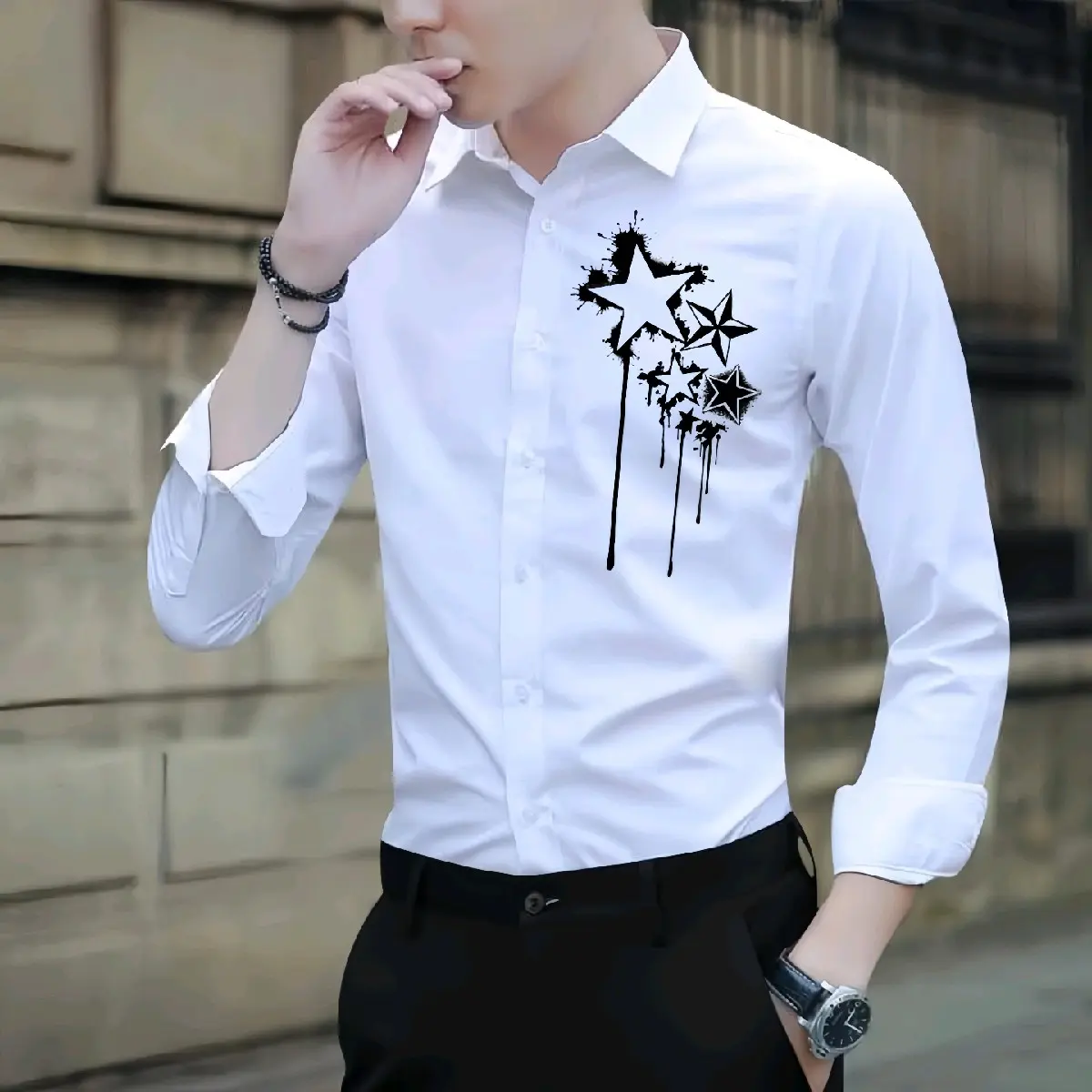 Áo Sơ Mi Dài Tay In Hình "Hoạ Tiết Ngôi Sao" Vải Lụa Mềm Mịn Nam Menswear Kate