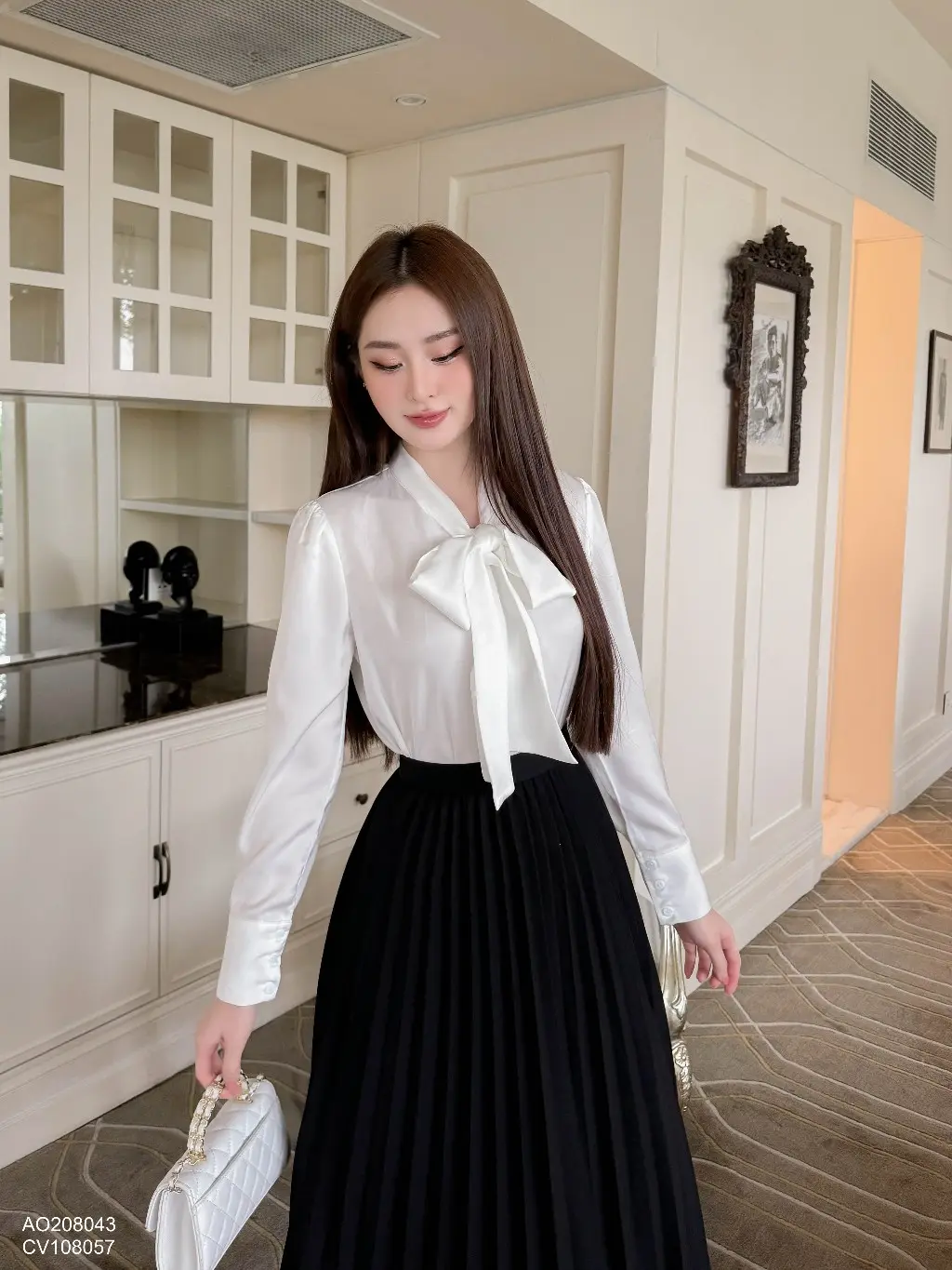 Áo sơ mi nữ trơn dài tay cổ nơ thiết kế 208043
