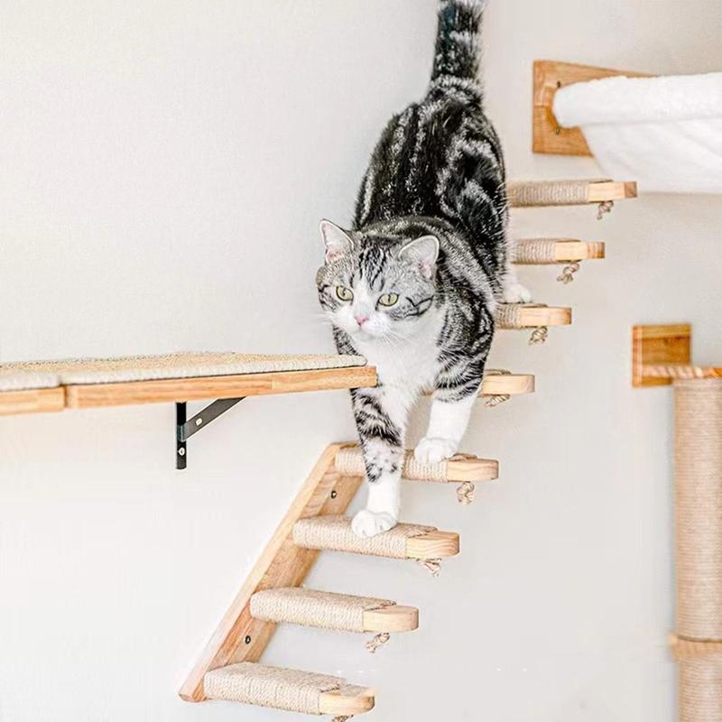 Product Introduction of Cat Wall Toy Solid Wood Cat Climbing Shelf Steps Space Saving Wall Mounted Cat Climbing Structure Reversible with Sisal Rope Wooden Stairway Shelves Indoor 9