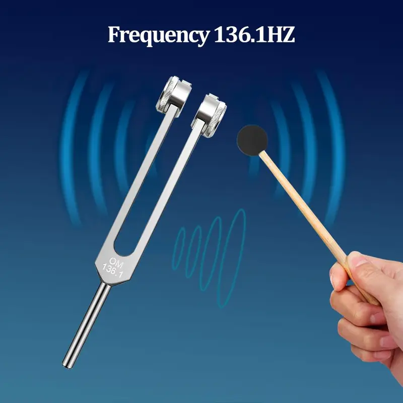 Tuning Forks with Fixed Weights, 1 Set 136.1Hz Tuning Fork with Bag & Hammer & Cleaning Cloth & Accessories, Percussion Instruments for Sound Healing 3