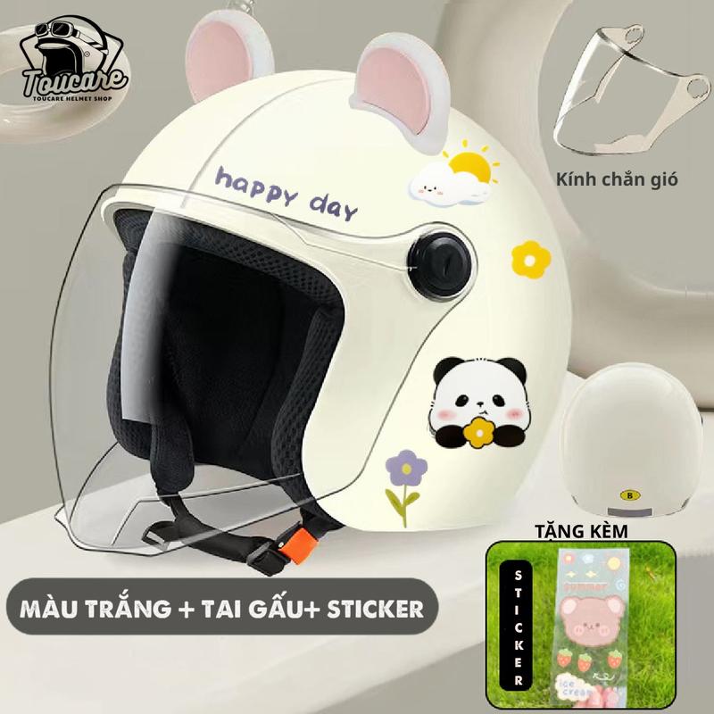 Nón bảo hiểm Toucare 3/4 gắn tai gấu, tặng kèm sticker, kính chắn gió linh động, lót trong mềm mại