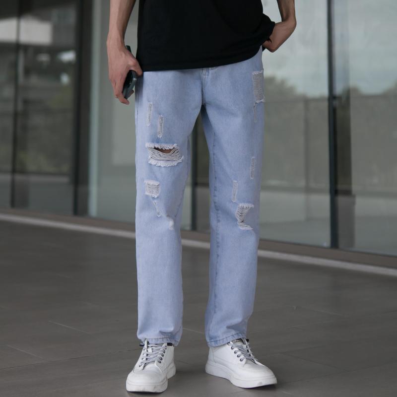[xả kho] Quần jeans nam rách dáng baggy suông màu xanh trắng nhạt mài rách xước gối đùi đẹp 0504 049 Denim Cotton Pants Menswear Có Túi quầnbaggy