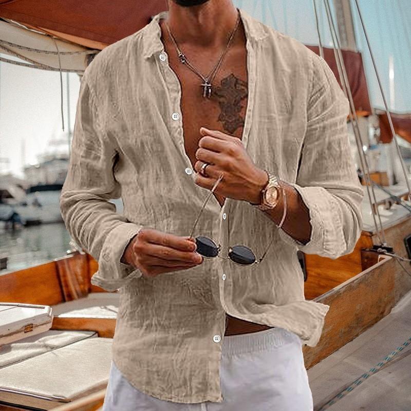 Men Plain Cotton And Linen-Blend Loose Lapels Long-Sleeved Casual Cardigan Beach Shirt 5
