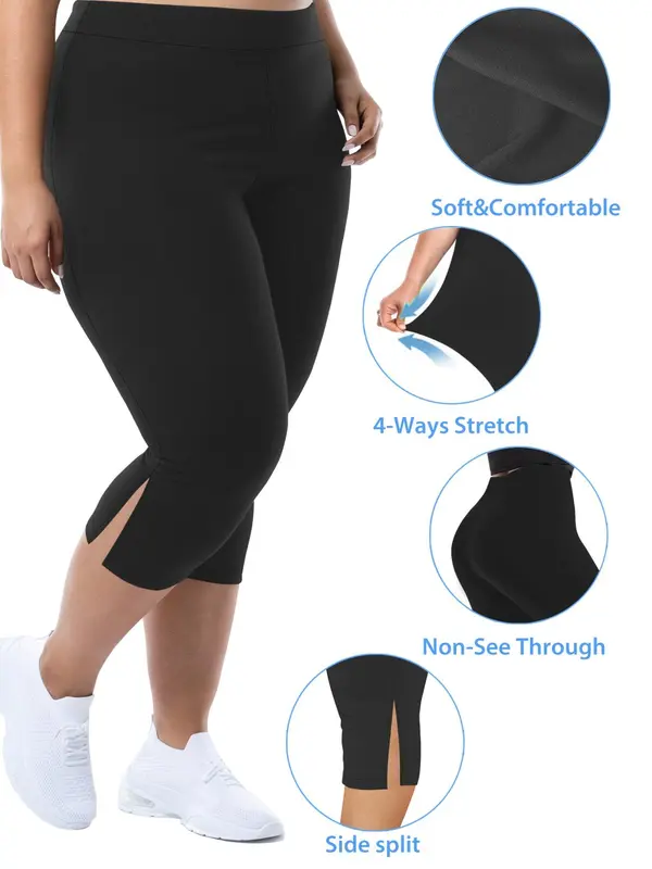 Plus Size Split Hem High Waist Capris Leggings, Casual Comfy Breathable Skinny Capris Pants for Yoga Gym Workout, Women's Bottoms for Summer, Summer Clothes, Womenswear 6