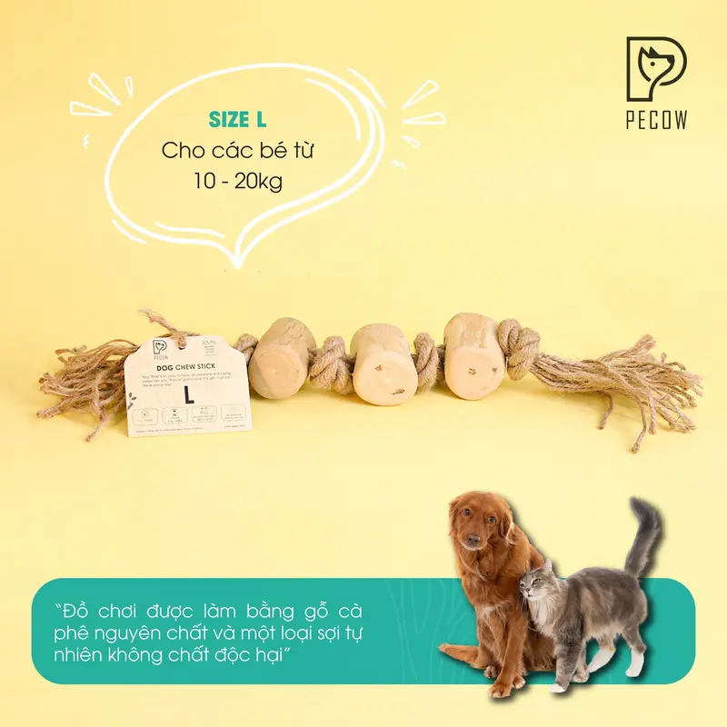 Pet Chew Stick - Đồ chơi cho thú cưng thắt nút bằng gỗ cà phê và dây thừng bản 3 cục Size L cat toys 0
