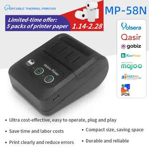 Penawaran gratis terbatas: lima gulungan (1,14–2,28) kertas termal 58mm untuk printer struk termal Bluetooth portabel MP-58N dan MP-58x1. Mendukung antarmuka Bluetooth dan USB. Kompatibel dengan kertas termal 58mm × 40mm. Model baru dikirim secara acak.
