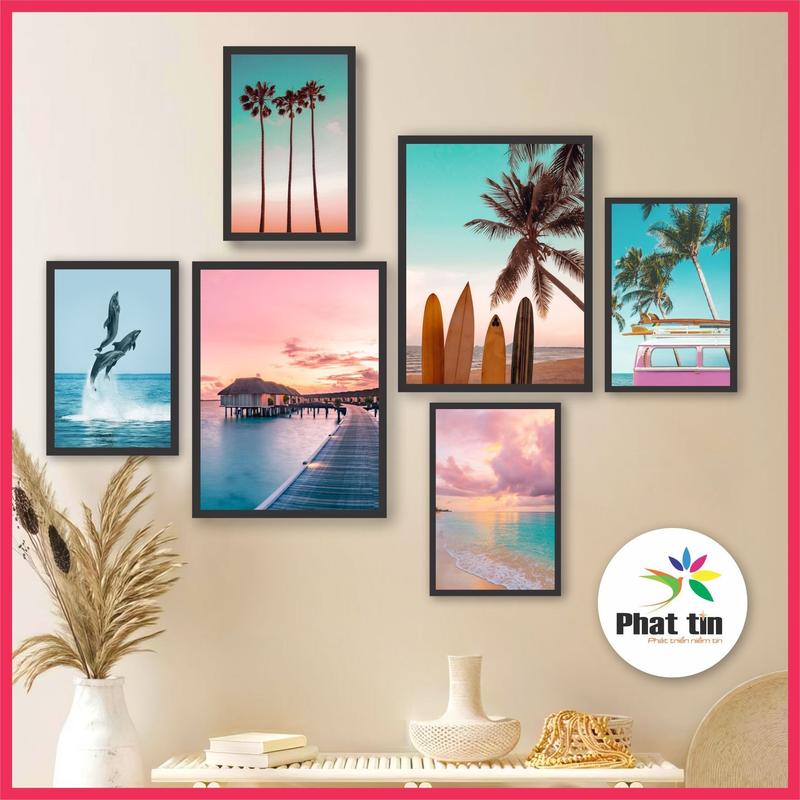 Sét 6 tranh chủ đề biển xanh tranh decor In Phát Tín dán tường hiện đại có sẵn keo dán trang trí nhà cửa thiết kế vintage canvas nhiều màu sắc phòng khách phòng ngủ tân gia phòng cho bé Treo Tường Decor Tường Decor Phòng Đồng