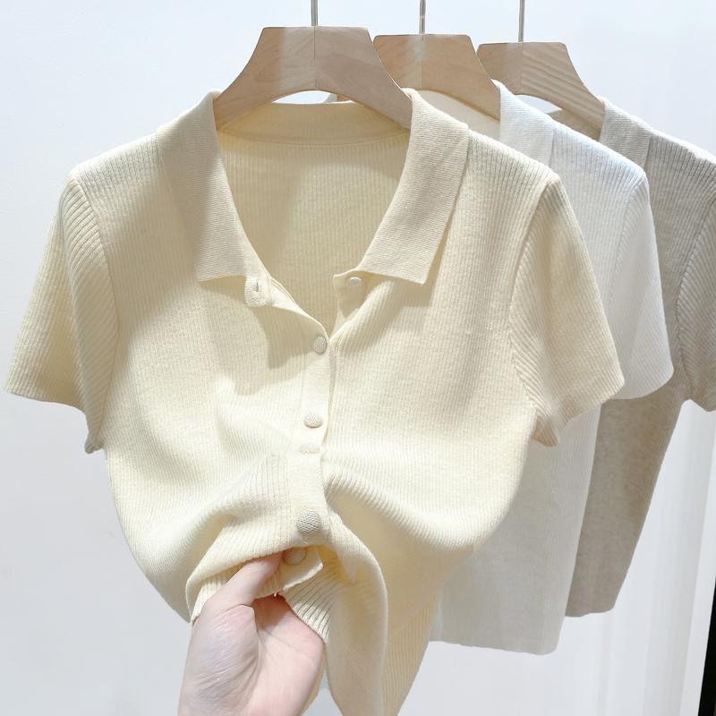 Đồ Len Dệt Kim, Ngắn Tay, Cổ Polo Mỏng, Thanh Lịch Và Mỏng Vừa Vặn, Dành Cho Phụ Nữ Vào Mùa Hè, Màu Trơn Nhỏ Dễ Phối Đồ Áo Cardigan Ngắn 1