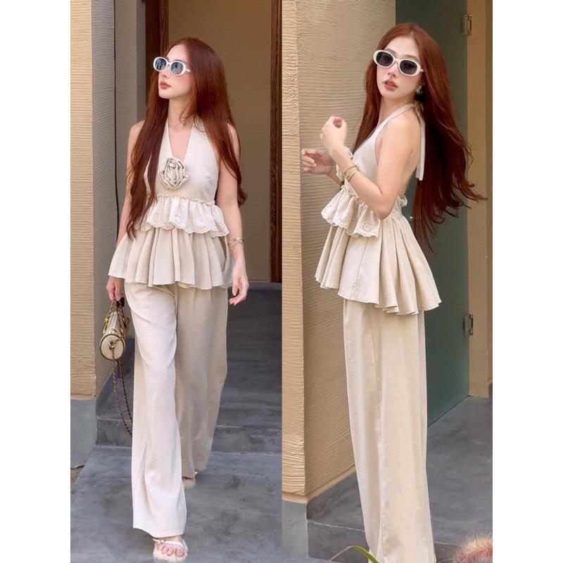 M910 - Set áo yếm peplum phối ren đính hoa kèm quần suông dài