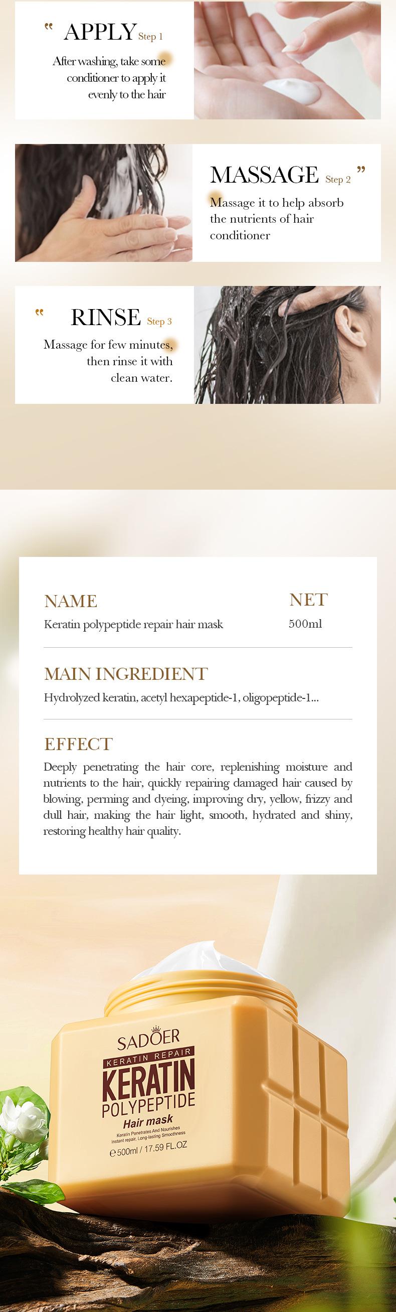 Product Introduction of Smooth Hair Mask Keratin Peptide Repair Volumizing Hair Conditioner SADOER 8