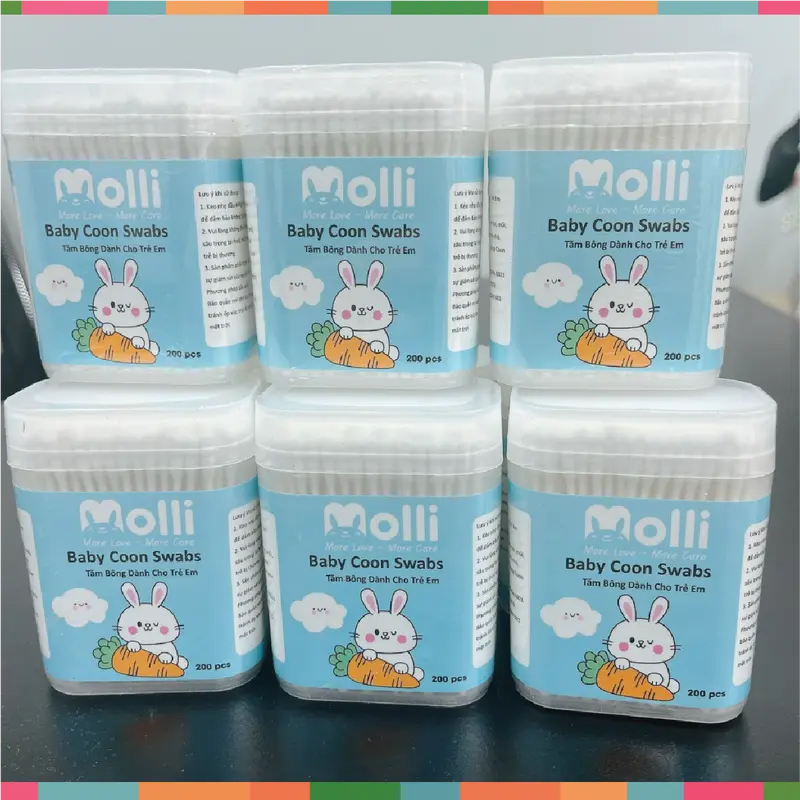 Tăm bông trẻ em Molli kháng khuẩn (Hộp 200 Que Lõi Giấy)  cho bé sơ sinh ngoáy tai, mũi -  Thiết kế 2 đầu đặc biệt dễ dàng sử dụng 5