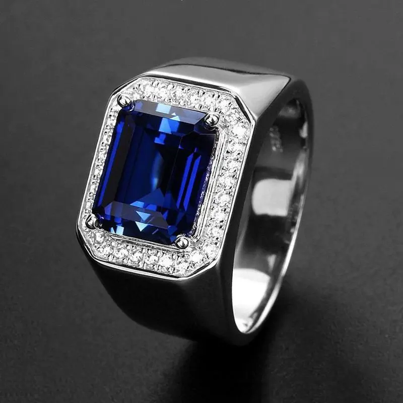 Bold Square Sapphire Ring Blue Corundum Four-Prong Diamond Ring Tanzanite Ring Green Gemstone Adjustable Men and Women Ring