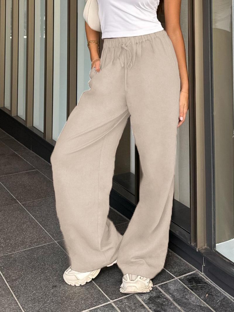 Product Introduction of Women's Solid Drawstring Elastic Waist Straight Leg Pants, Casual Comfy Trousers for Summer, Ladies Bottoms for Daily Wear, Minimalist Trousers for Women 4