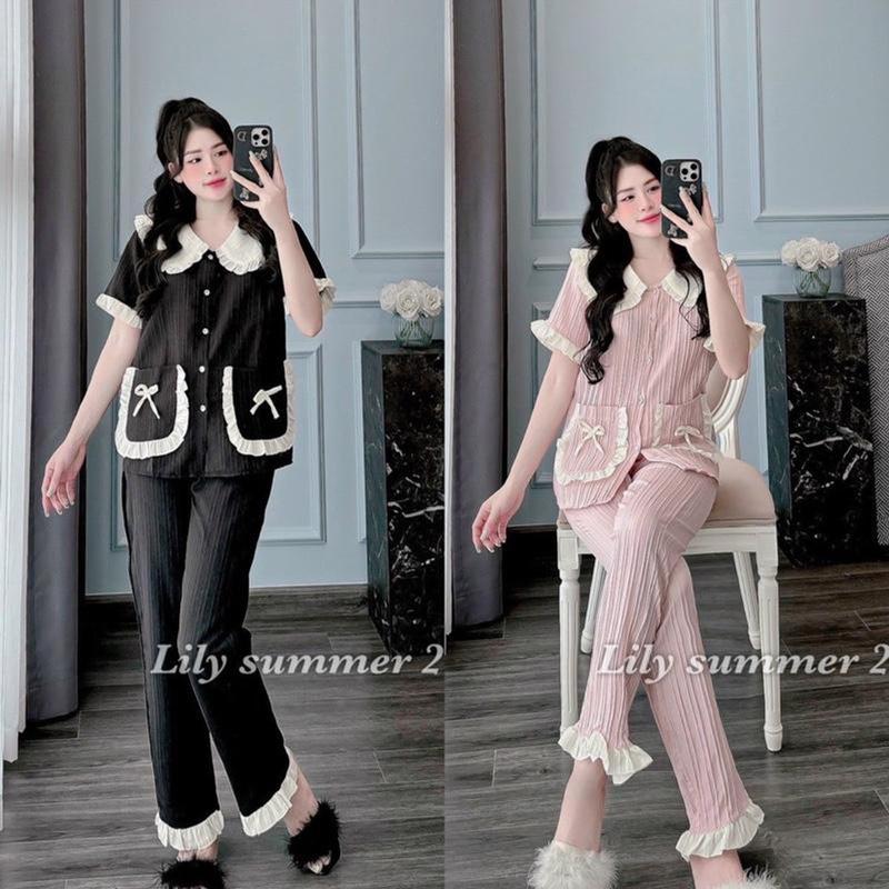 Combo (2 set) vải đũi gân , cổ tròn bèo 2 túi nơ, áo cộc quần dài (38-58kg) 0