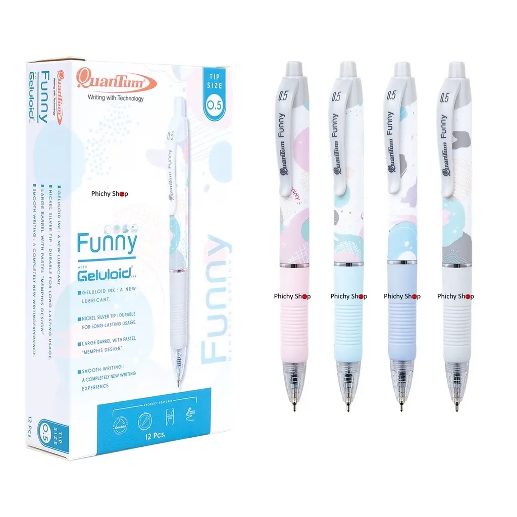 ปากกา Quantum Funny ปากกาลูกลื่น เจลลูลอยด์ฟันนี่ 0.5 มล.หมึกน้ำเงิน ด้ามคละสี จำนวน 12 ด้าม/กล่อง