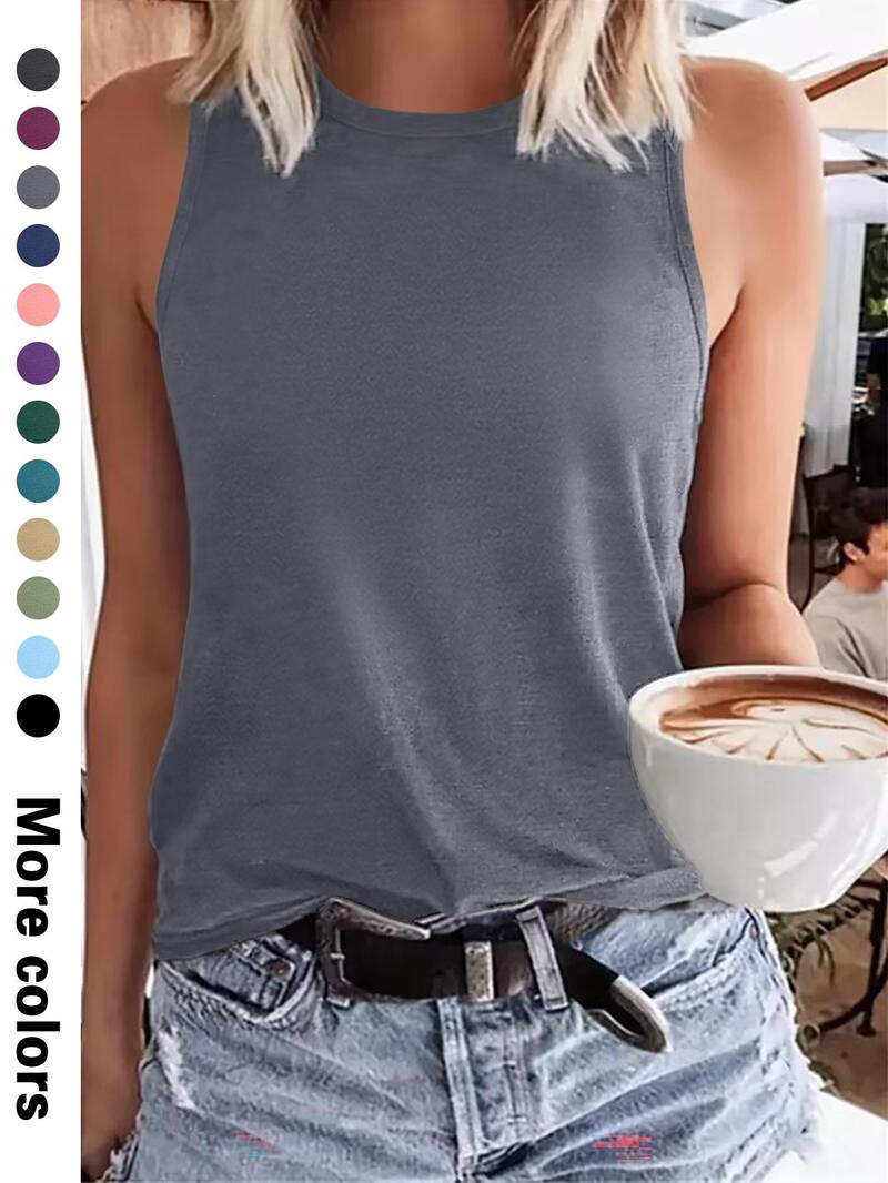 Product Introduction of Women's Plain Round Neck Tank Top, Casual Sleeveless Top for Summer, Ladies Clothes for Daily Wear, Clothing 8