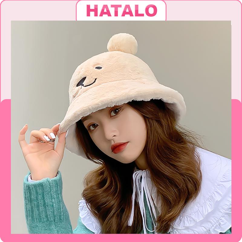 Mũ len bucket, Mũ lông mùa đông ấm áp mềm mại cho nữ thời trang Hàn Quốc lông thỏ hai quả bông Hat Nón Voi L43