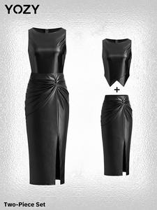 YOZY Women's Solid Zipper Back Tank Top & Twist Front Split PU Leather Skirt Set, Ladies Clothes for All Seasons