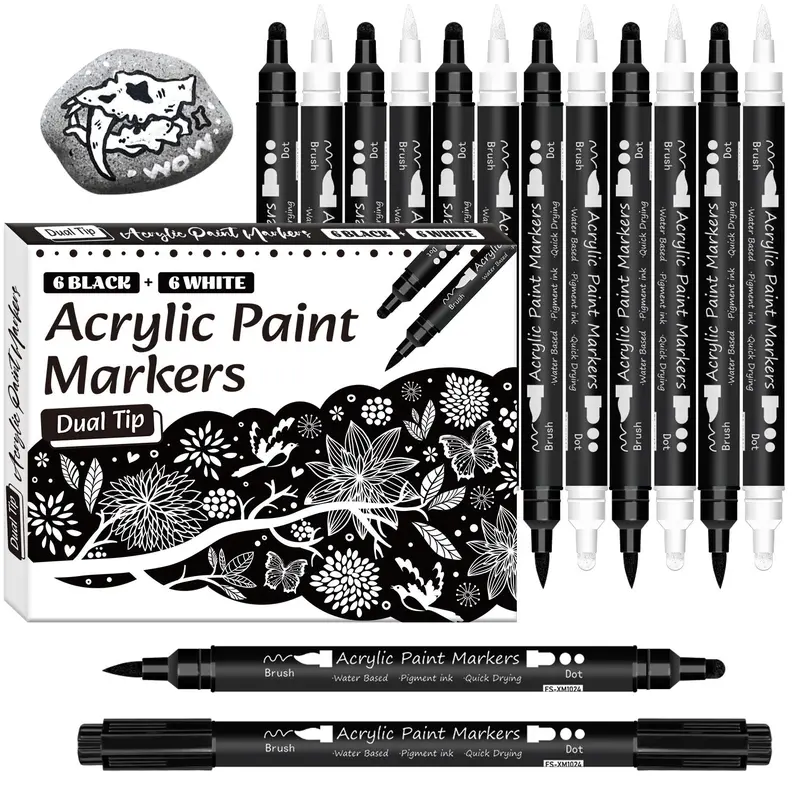 Acrylic Paint Marker Set, 12pcs/set Double-ended Acrylic Paint Marker Pen, Art Marker Pen for Rock Painting, Wood, Canvas, Plastic, Glass, Ceramic 7