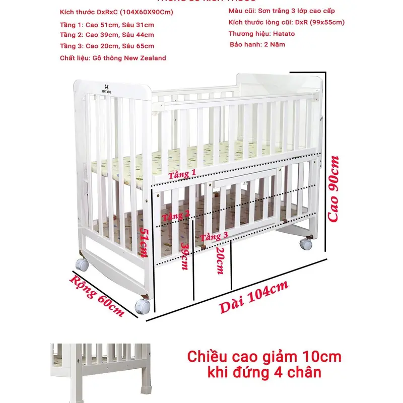 Nôi Em Bé S318 Hatato phủ 3 lớp sơn trắng dùng cho bé từ 0-4 tuổi có thể làm nôi cho trẻ sơ sinh 2