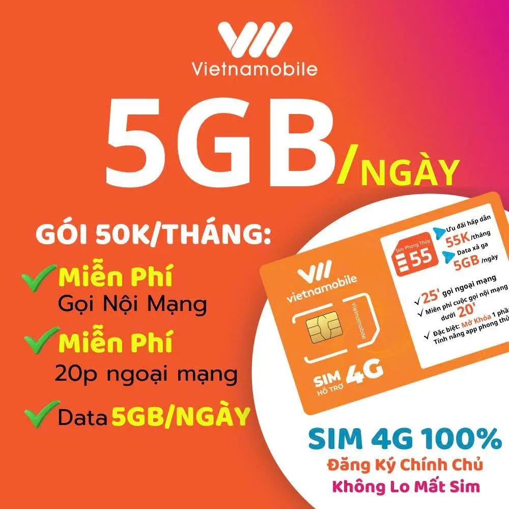 Sim Data 4G VIETNAMMOBILE (KHÔNG TẠO TK, KHÔNG FREE THÁNG ĐẦU, CHECK SÓNG TRƯỚC MUA))  5GB/Ngày Vietnamobile (150GB/Tháng) - Điện Thoại - Phone