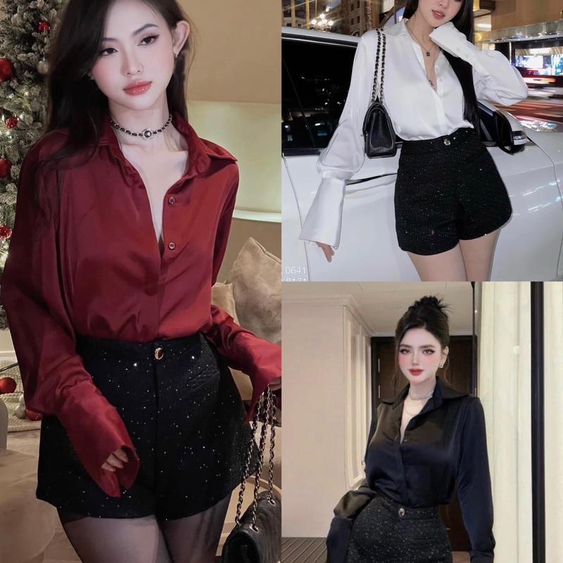 Set bộ Áo Sơ Mi lụa kèm quần sooc dạ bling cạp cao. Chất liệu lụa ngọc trai Ngọc Trai và dạ tweed. Thời trang dành cho nữ đơn giản sang chảnh mặc quanh năm by Đào Uyên Women Voi