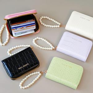 Beg Duit Merah, Dompet Corak Buaya, untuk Wanita Gadis, Tali Mutiara, Pelbagai Fungsi, Dompet Kad Syiling PU, Beg Silang Selempang Crossbody