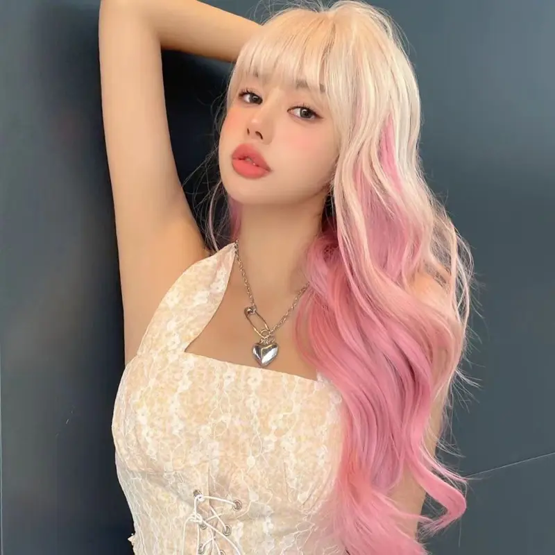Tóc Giả Nguyên Đầu Ombre Xoăn Dợn Khói Hồng Women Wig Women Wig 1