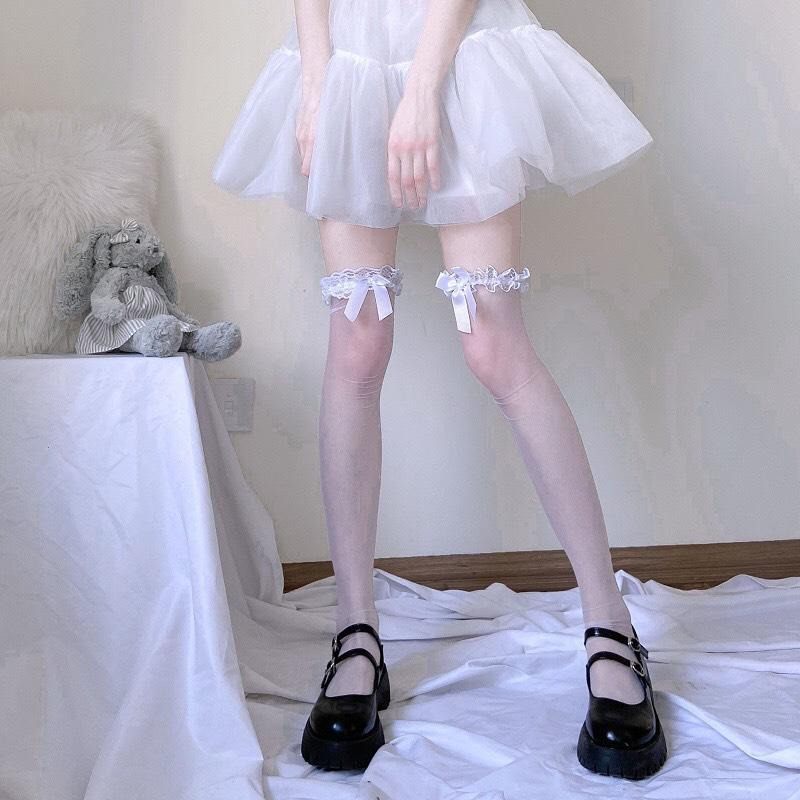 Tất dài qua gối Jengiang phối ren trong suốt viền nơ ren phong cách Lolita quyến rũ cho nữ QT76