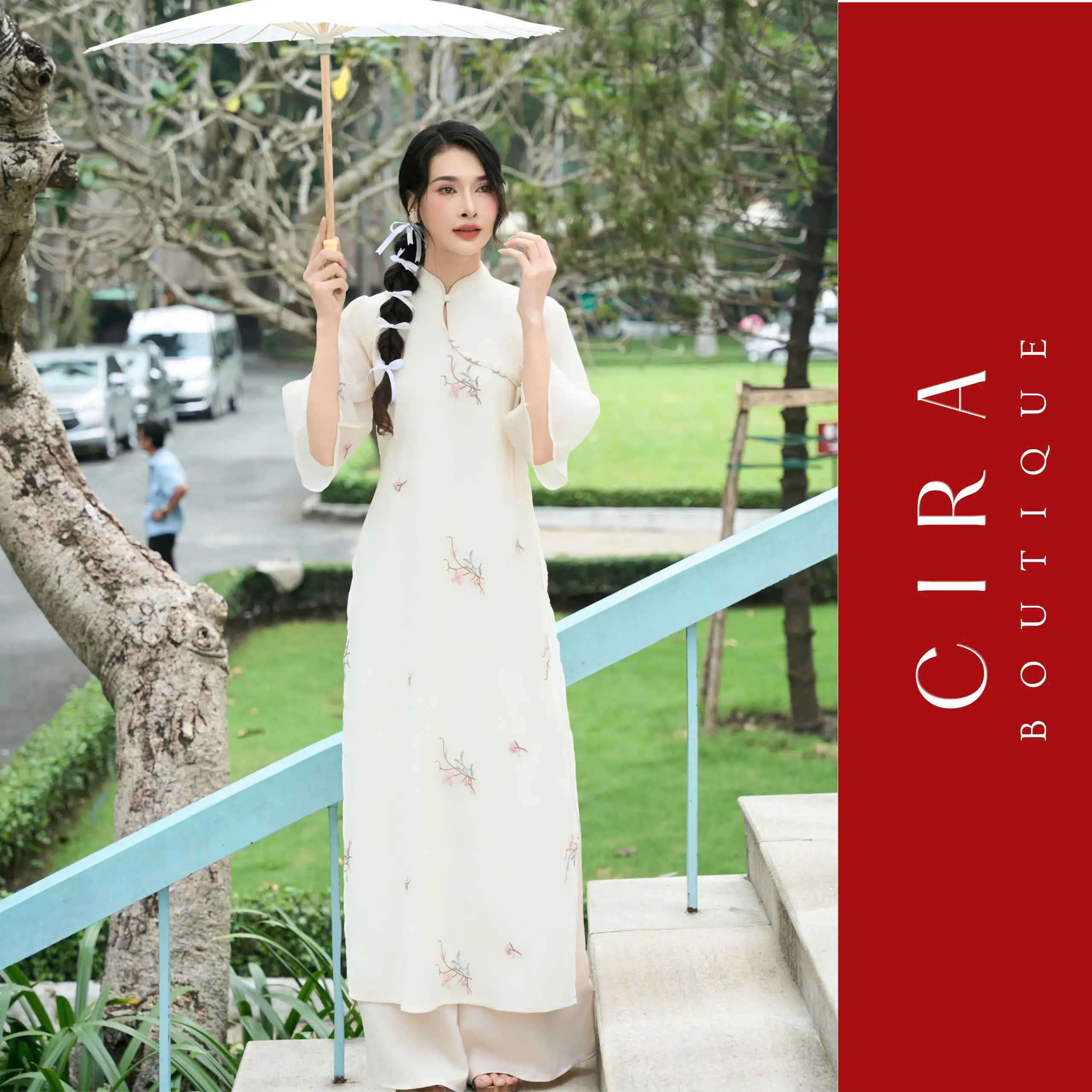 Áo Dài Cách Tân Tơ Thêu Hoa Đỏ Dáng Suông Cổ Viền Phối Quần - Size S/M/L/XL/2XL/3XL - Cira Boutique AD0993 - Women Dress , Nữ