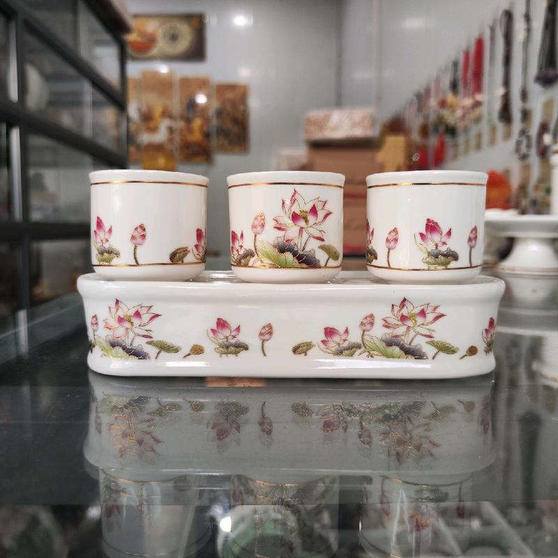 Bộ Thờ Cúng Gốm Sứ Lư Hương, Bình Hoa, Đĩa, Ống Nhang, Áng, Chum Nước Hoa Tiết Hoa Sen 5