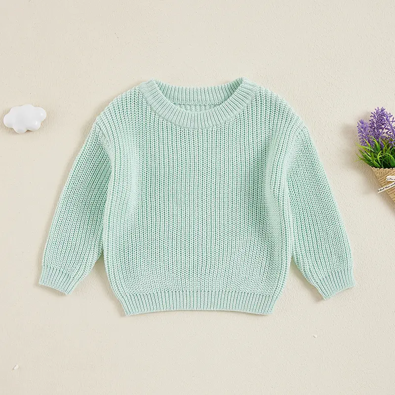 Little Boy Girl Knit Sweater Causal Solid Color Crew Neck Long Sleeve Pullover Tops for Fall Winter